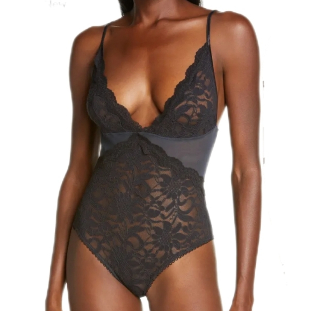 Free People Intimately Speed Date Sheer Lace Black Bodysuit Small